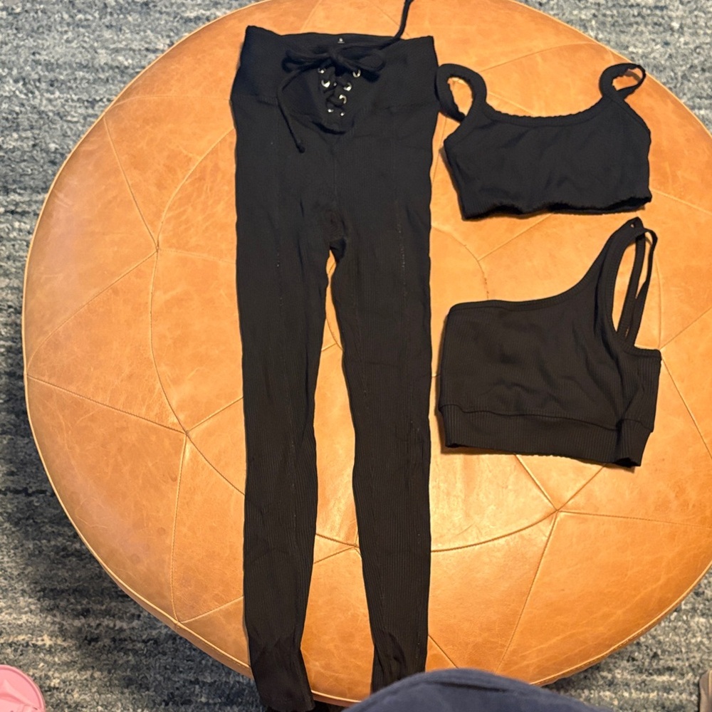 Year of Ours Black Ribbed Leggings and Bras Set